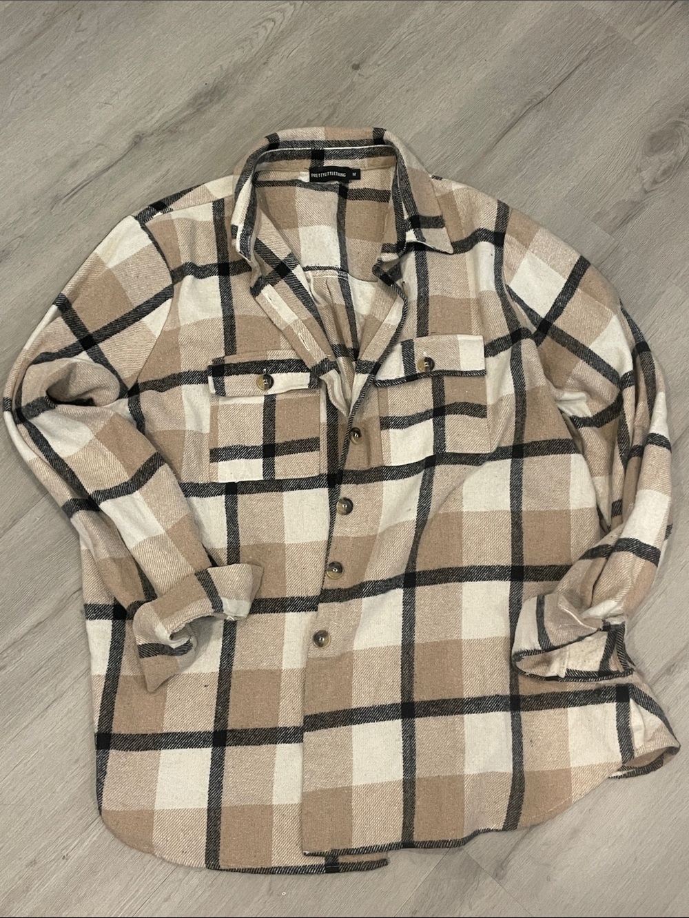 PrettyLittleThing Beige Black Ivory Plaid Shacket